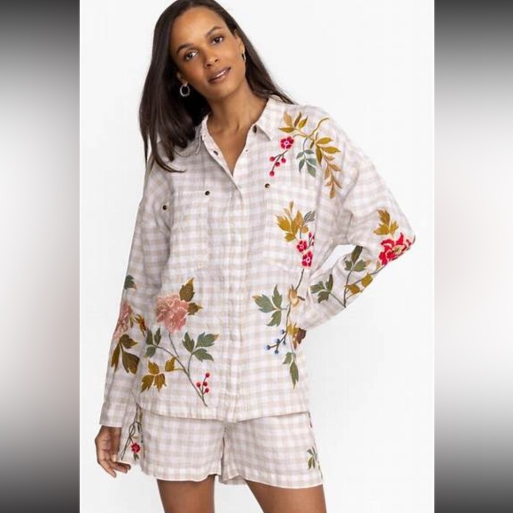 Johnny Was Workshop Shirt with Shorts Set Adele Gingham Embroidered Floral